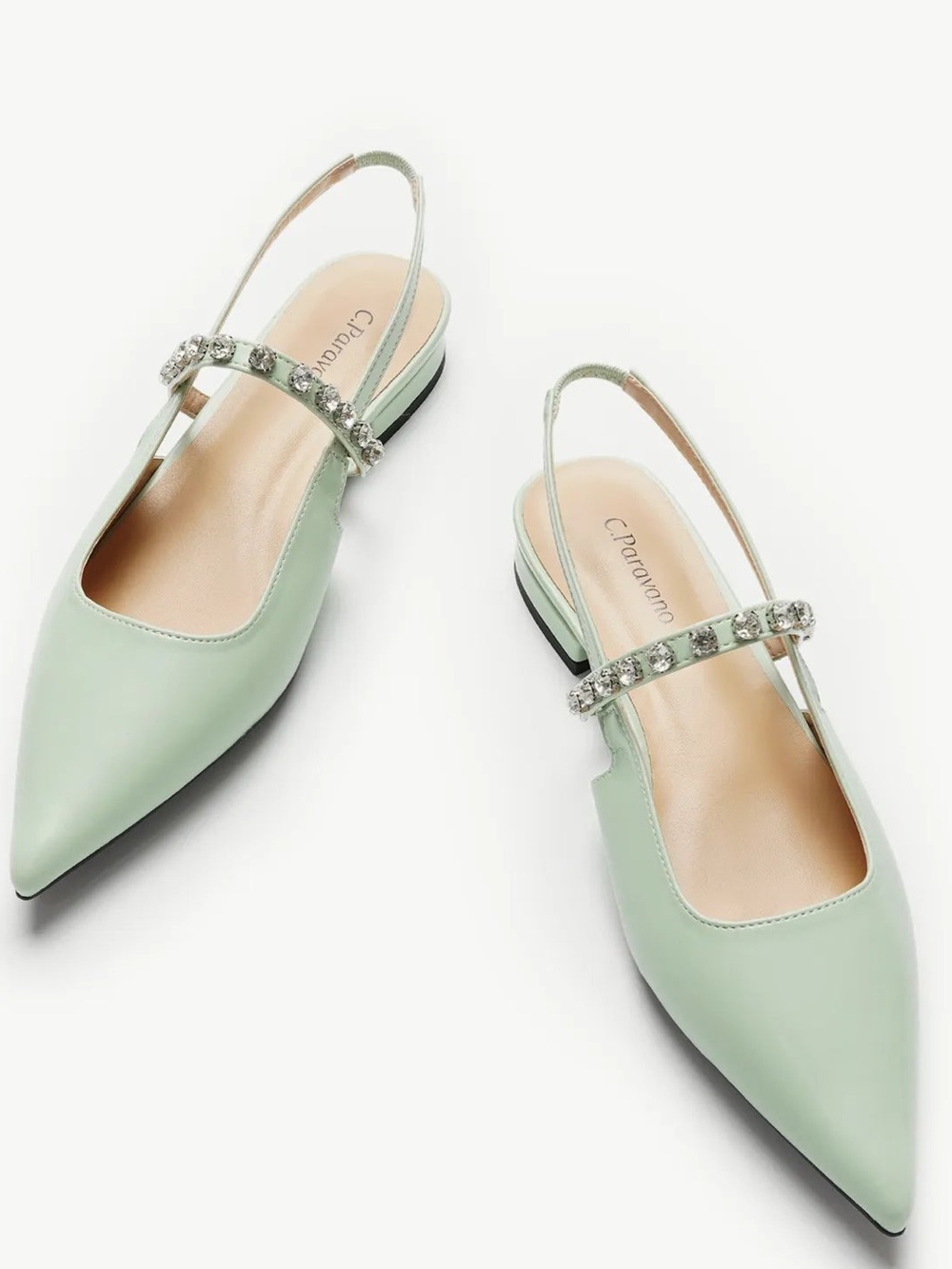 C. PARAVANO Crystal Strap Slingback Flats Aida, light green, women’s size 10